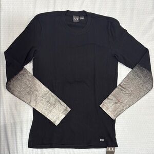 Armani Exchange Black and Silver Men's Waffle Thermal Long Sleeve Shirt